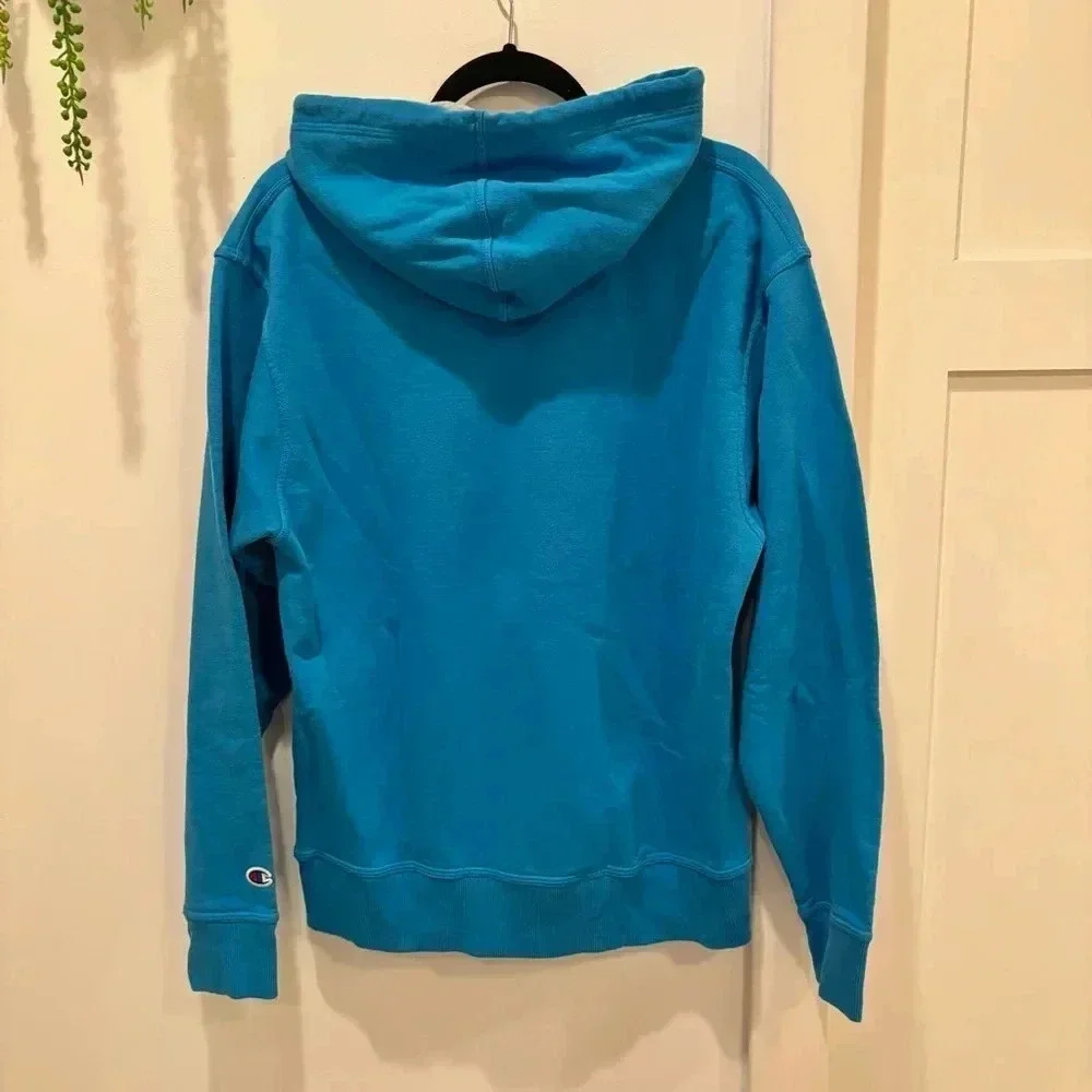 Champion Blue Hoodie with Green Logo Grey Lined Hood Size Medium